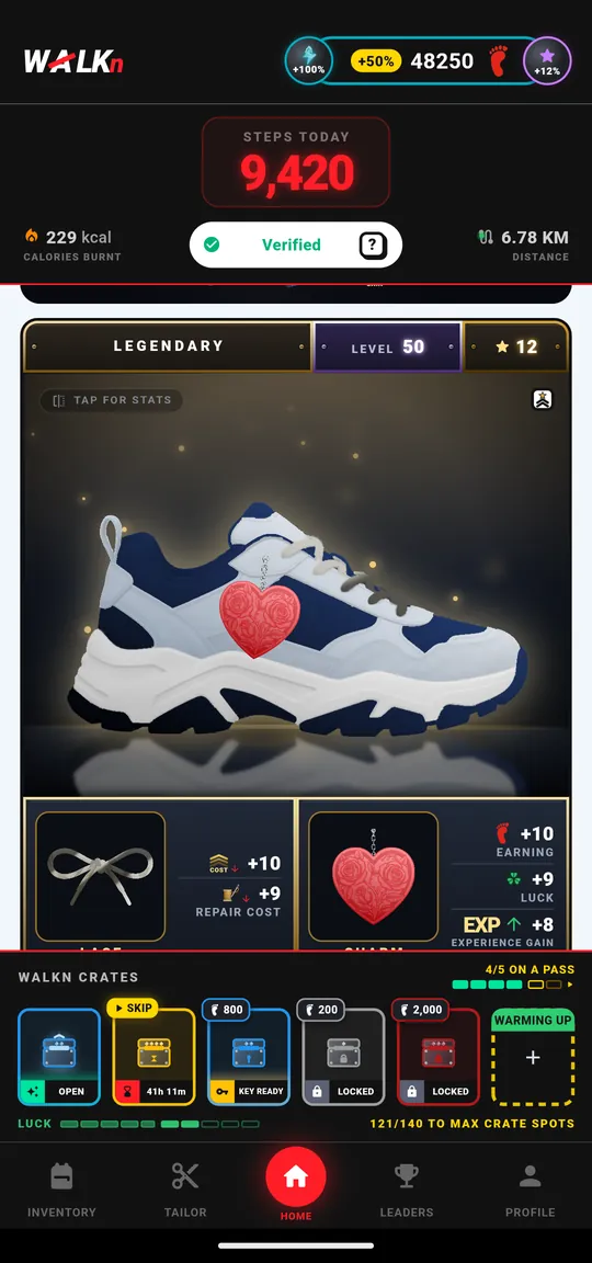 WALKn's home screen: today's verified steps above a Legendary shoe with its socketed lace and charm