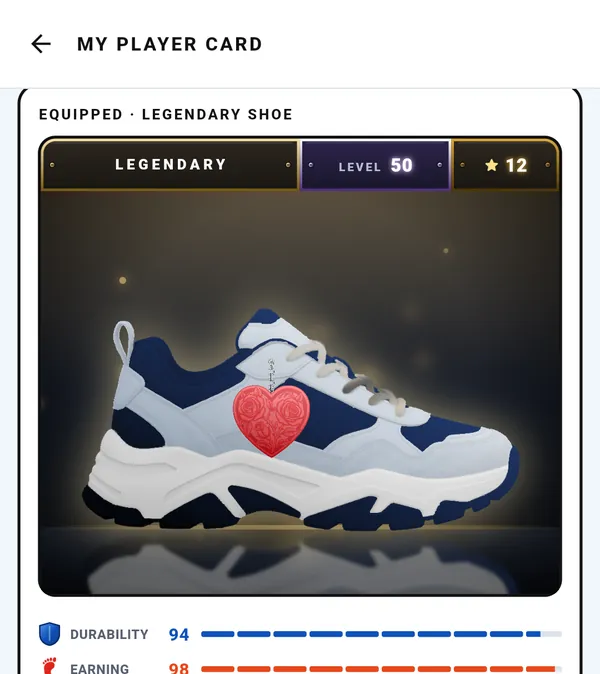 A player card showing an equipped Legendary shoe at level 50
